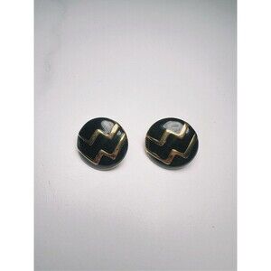 Vintage Earrings 90's Women's Black and Gold Round Enamel Stud Jewelry